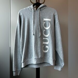 GUCCI Grey “GUCCI” Vertical Logo Hoodie – Authentic, Made in Italy